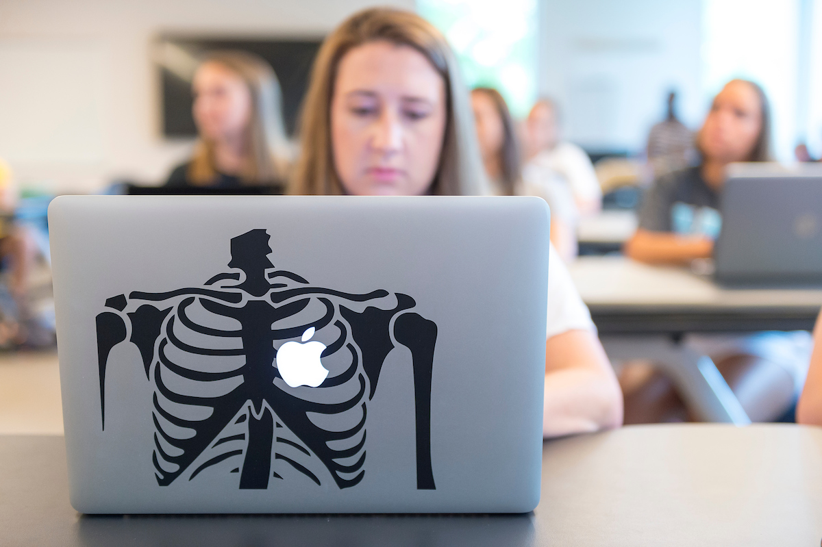 Student looking at Apple laptop with a ribcage sticker on it.