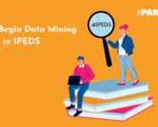 Two people sitting and standing on a pile book,s one looking into a magnifying glass with the IPEDS logo inside it.
