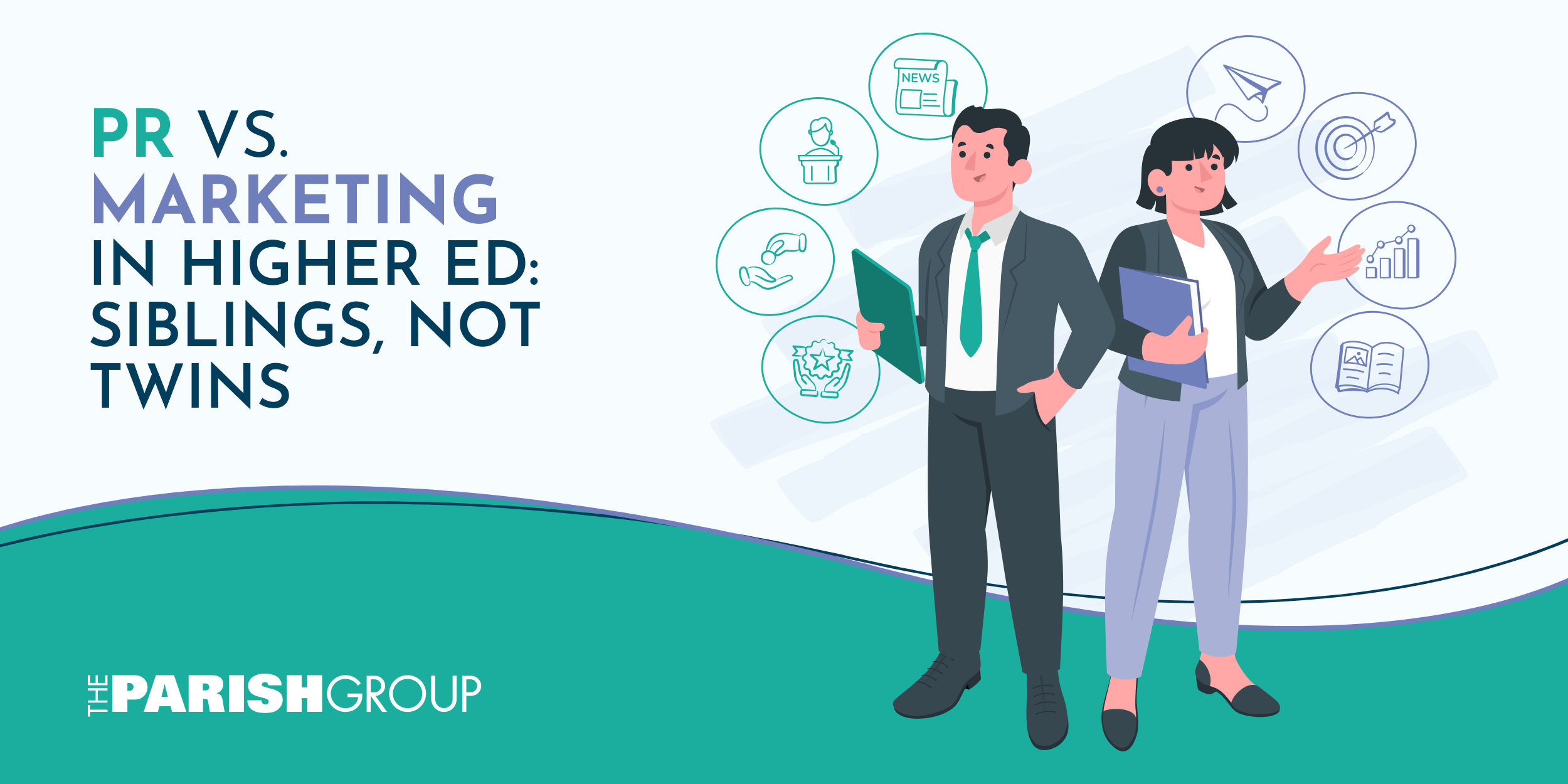 PRvsMarketing-Blog-Post Text on the left reads "PR vs Marketing: Siblings, not Twins" with a professional looking man and woman on the right.