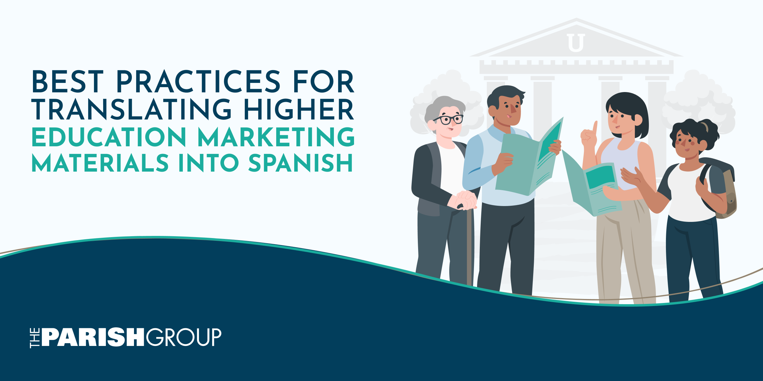 Text reads "Best Practices for Translating Higher Education Marketing Materials into Spanish" with a hispanic family to the right looking at a higher education brochure.