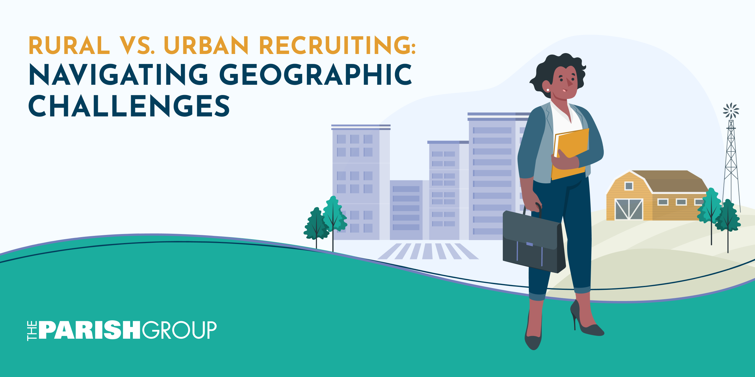Text reads "Rural vs. Urban Recruiting: Navigating Geographic Challenges" with a graphic of an admissions counselor between an urban environment and a rural one.