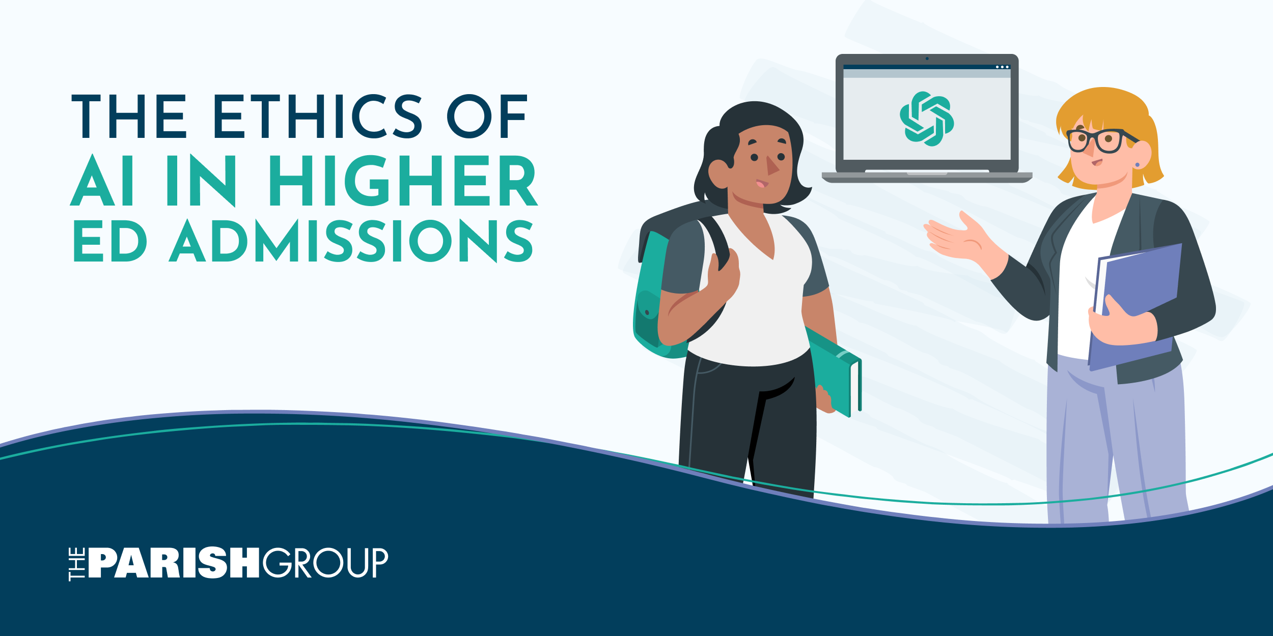 a student and an admissions counselor speak with the ChatGPT logo between them. Text reads "The Ethics of AI in Higher Ed Admissions."