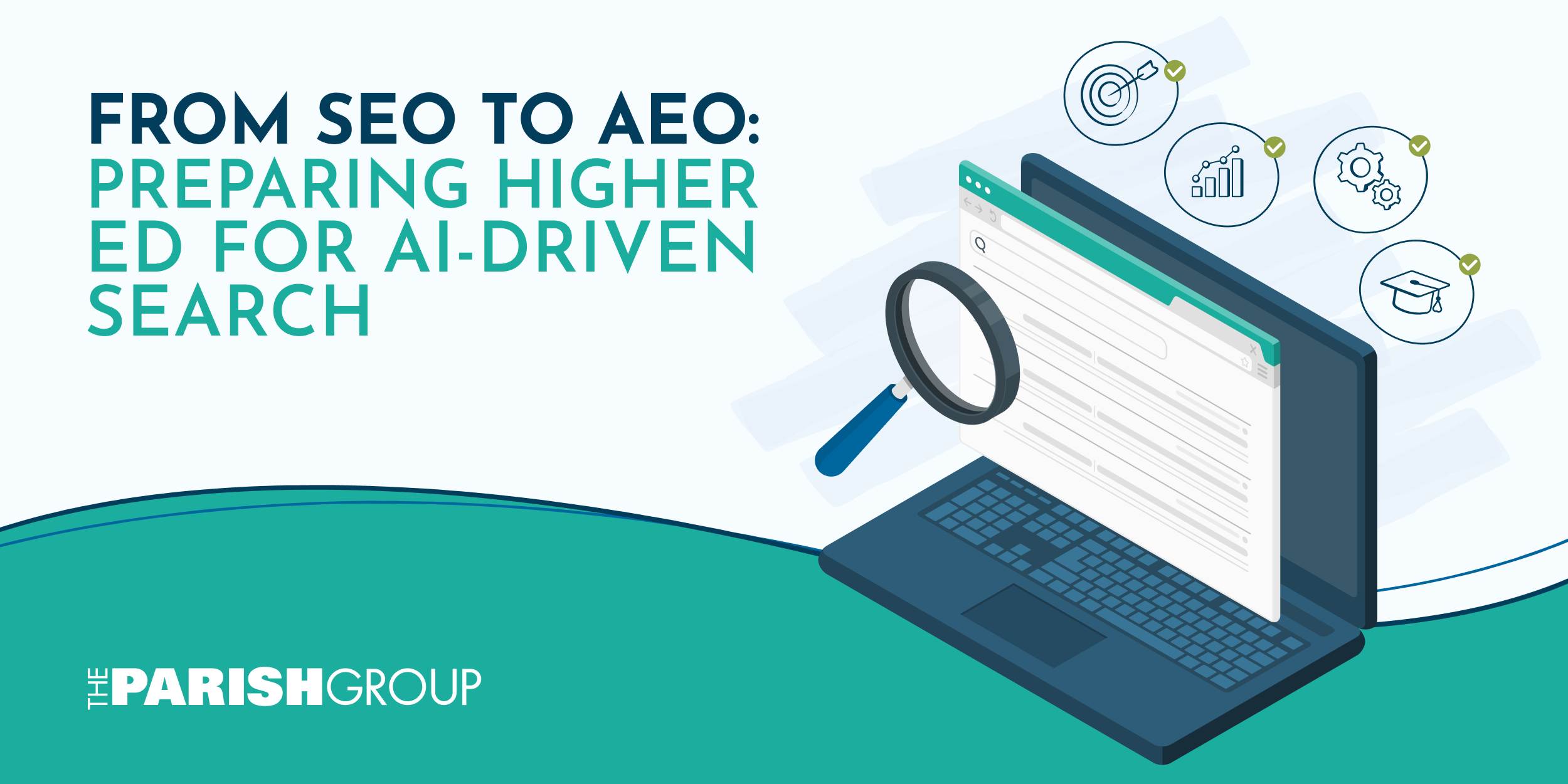 Text on upper left side says "From SEO to AEO: Preparing Higher Ed for AI-Driven Search" with a computer on the left side that has a magnifying glass over the computer screen.