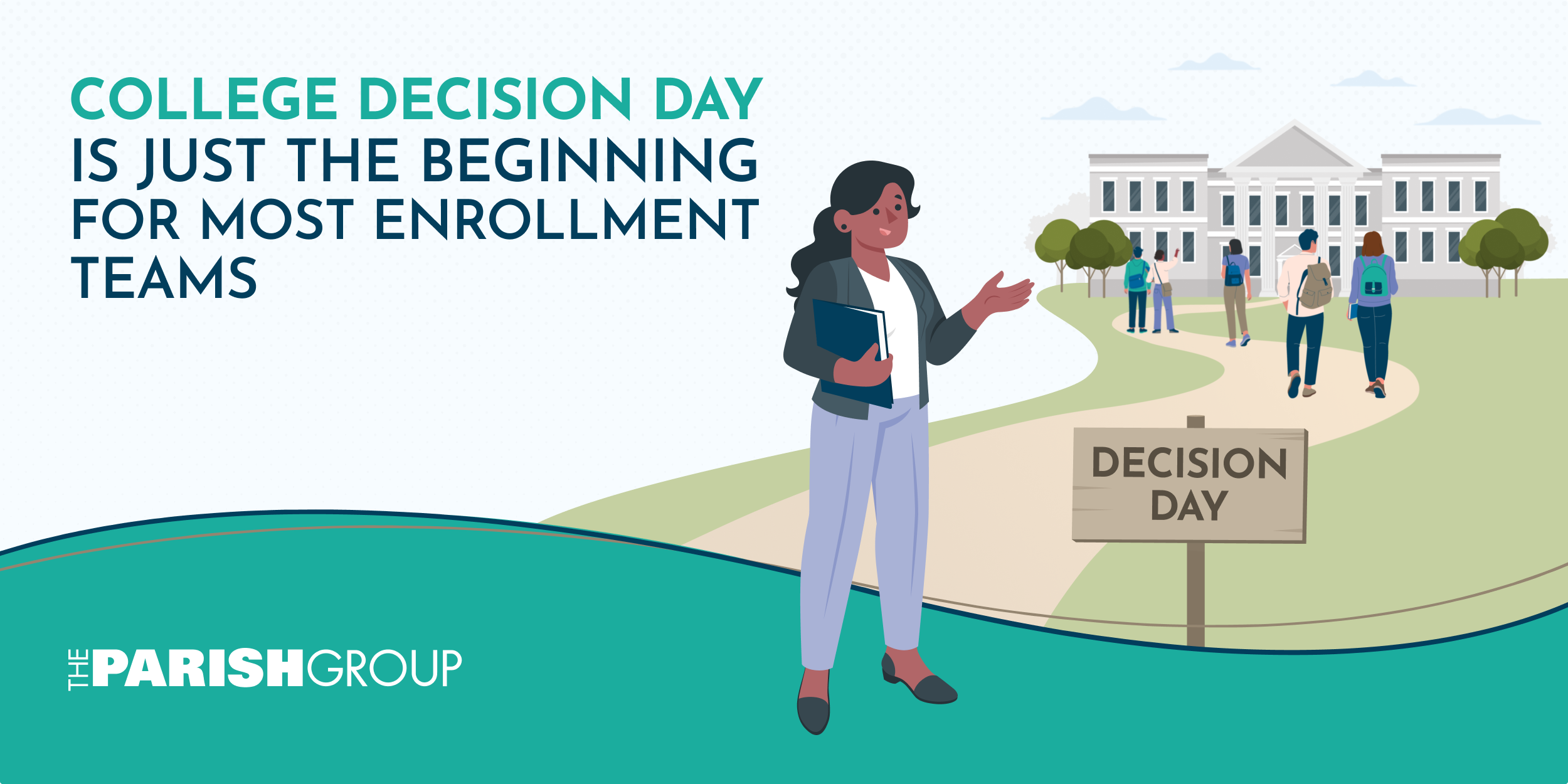 A college admission counselor stands next to a sign that says "Decision Day" as student walk down a path towards campus